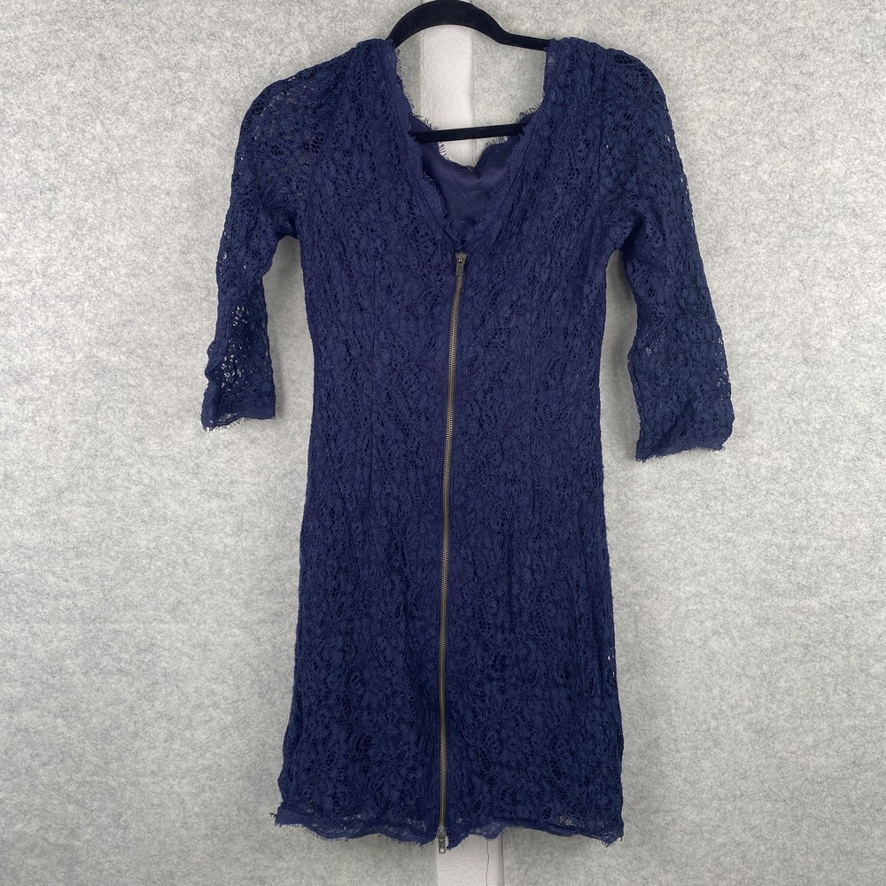 Adrianna Papell Womens 8 Navy Blue Lace Sheath V Neck 3/4 Sleeve Zip Dress
